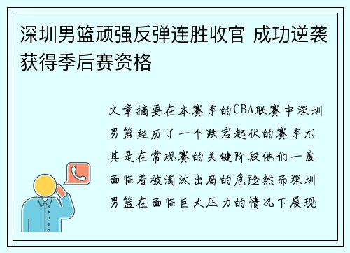 深圳男篮顽强反弹连胜收官 成功逆袭获得季后赛资格